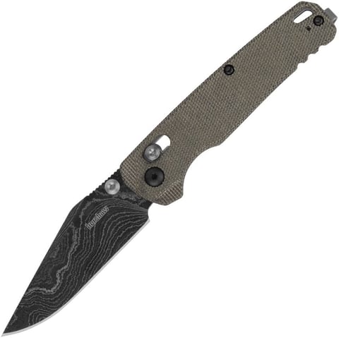 Folding pocket knife with gray textured handle and dark Damascus steel blade