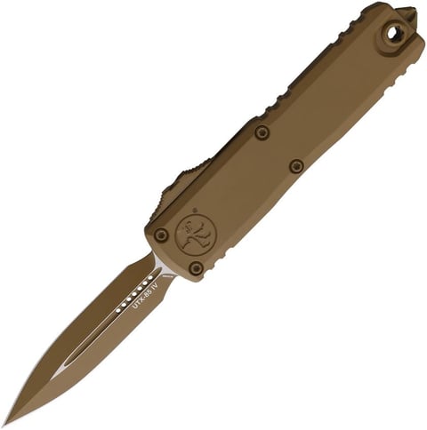 Brown tactical automatic knife with extended blade and serrated edges, displayed against white background