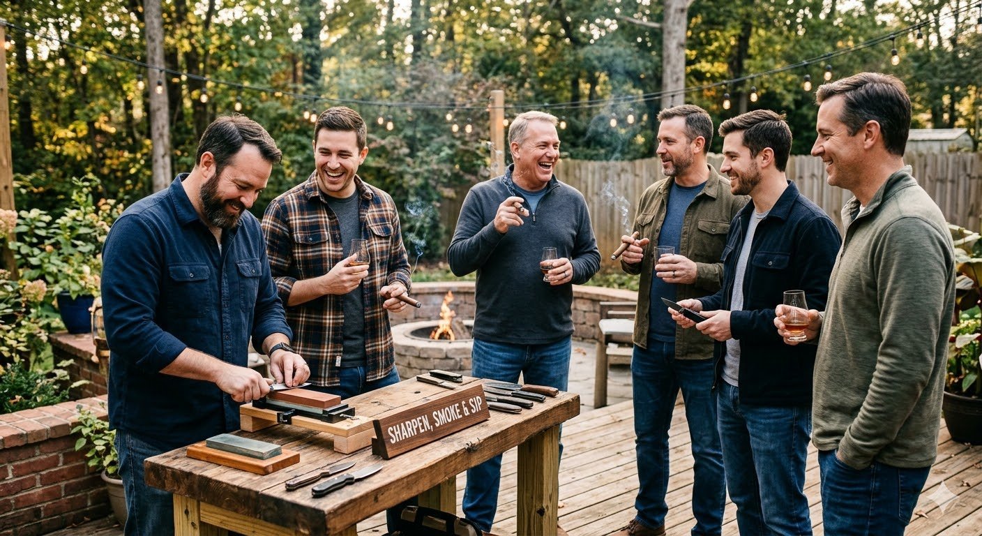 Group of six men gathering outdoors on a wooden deck in a wooded area, with one man preparing food at a table