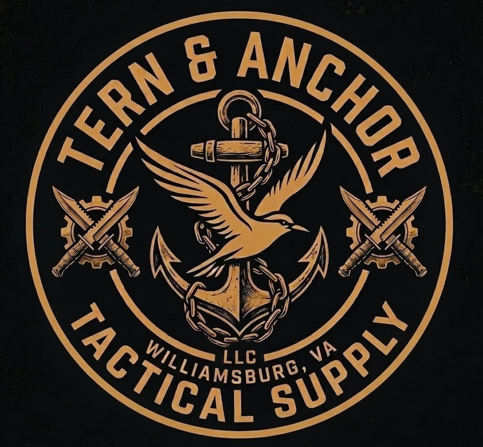 Tern and Anchor Tactical Supply logo featuring a gold anchor with a dove and crossed swords on black background