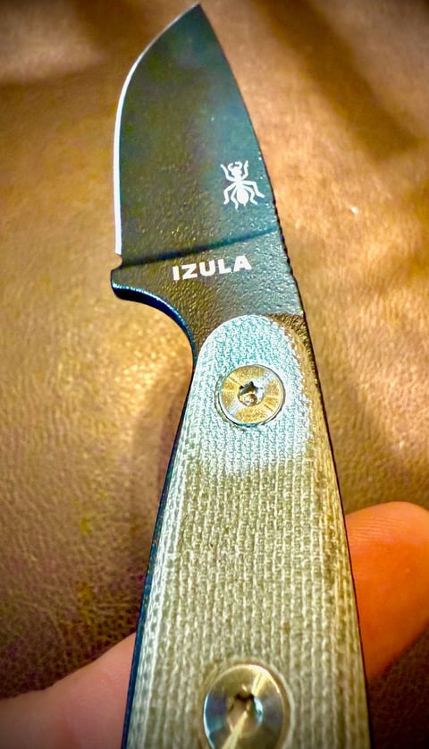Close-up of Izula folding knife with dark blade, light wood handle, and spider logo, held in hand