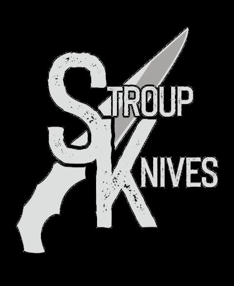 Stroup Knives logo featuring stylized S and K letters forming a knife blade on black background