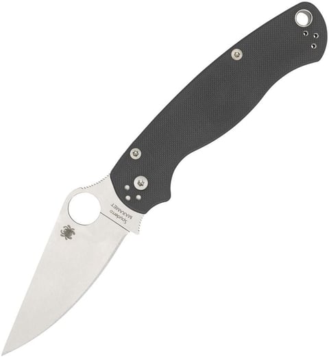 Folding pocket knife with black textured handle and silver blade displayed against white background