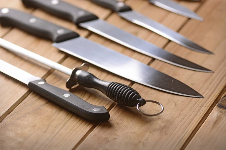 Collection of kitchen knives with black handles and metal blades arranged on a wooden cutting board