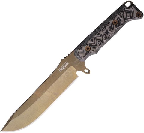 Tactical fixed-blade knife with bronze blade and black patterned handle featuring a brass finger guard