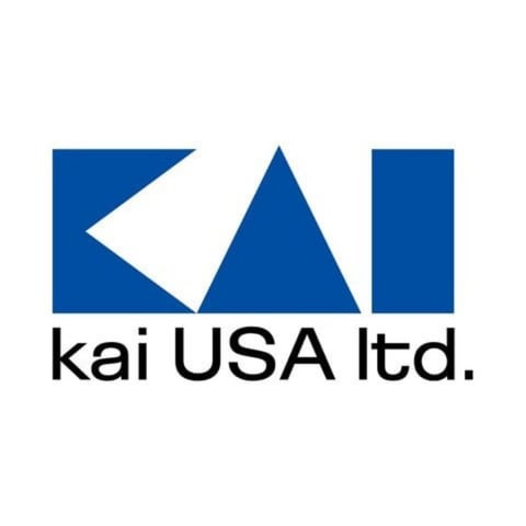 Kai USA Ltd logo featuring blue geometric shapes including an arrow, triangle, and rectangle with text below