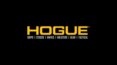 Hogue logo with yellow text on black background, displaying brand name and product categories: grips, sticks, knives, holsters, gear, and tactical
