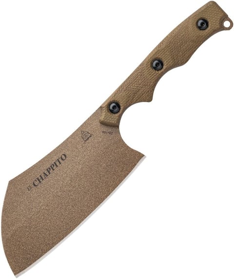 Chappro cleaver knife with tan micarta handle and dark blade on white background