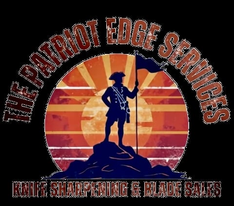 The Patriot Edge Sports logo featuring a silhouetted knife sharpener figure against a colorful sunrise background with curved text around the top and bottom