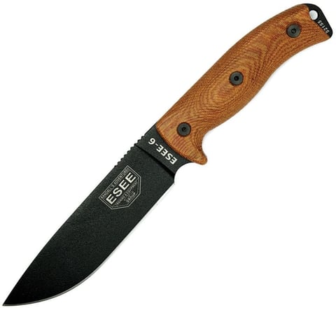 Fixed blade knife with brown wood handle and black textured blade against white background