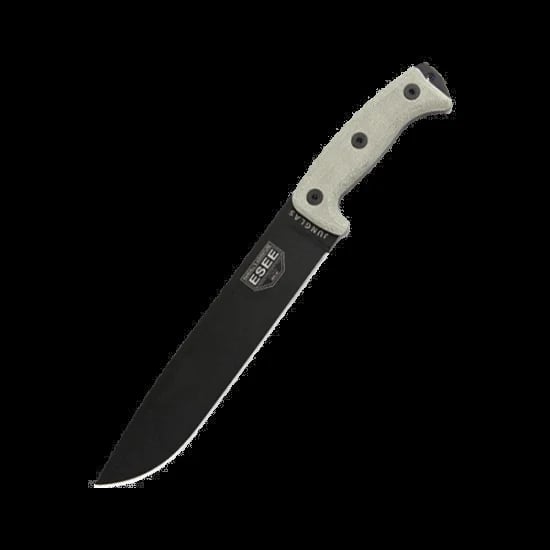 Black blade knife with cream-colored handle and metal rivets, isolated on black background