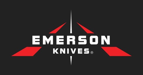 Emerson Knives logo featuring red geometric arrow designs flanking white text on a dark gray background