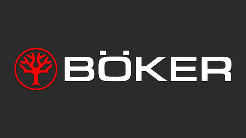 Boker logo with red tree icon and white text on dark background