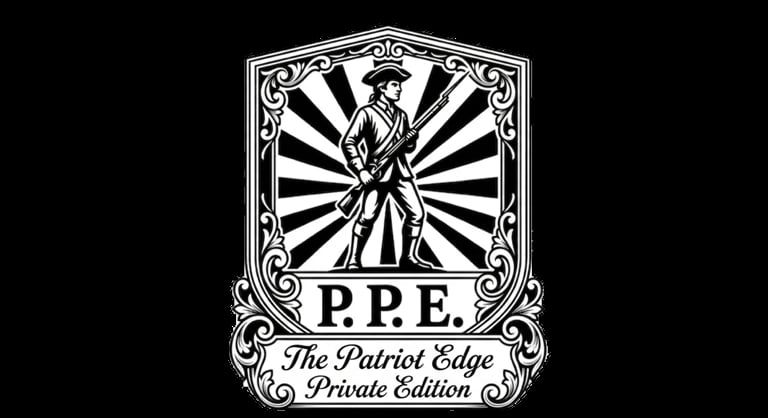 P.P.E. The Patriot Edge Private Edition logo featuring a man in military uniform within an ornate shield design on black background
