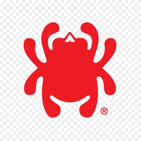 Red stylized bug or crab icon with horns and registered trademark symbol