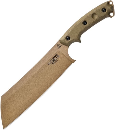 Tan ESEE large knife with brown handle and fixed blade against white background