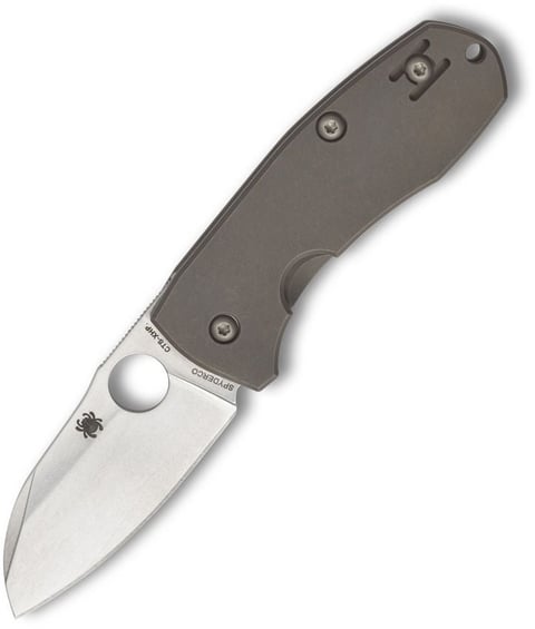 Folding pocket knife with gray handle and polished stainless steel blade against white background